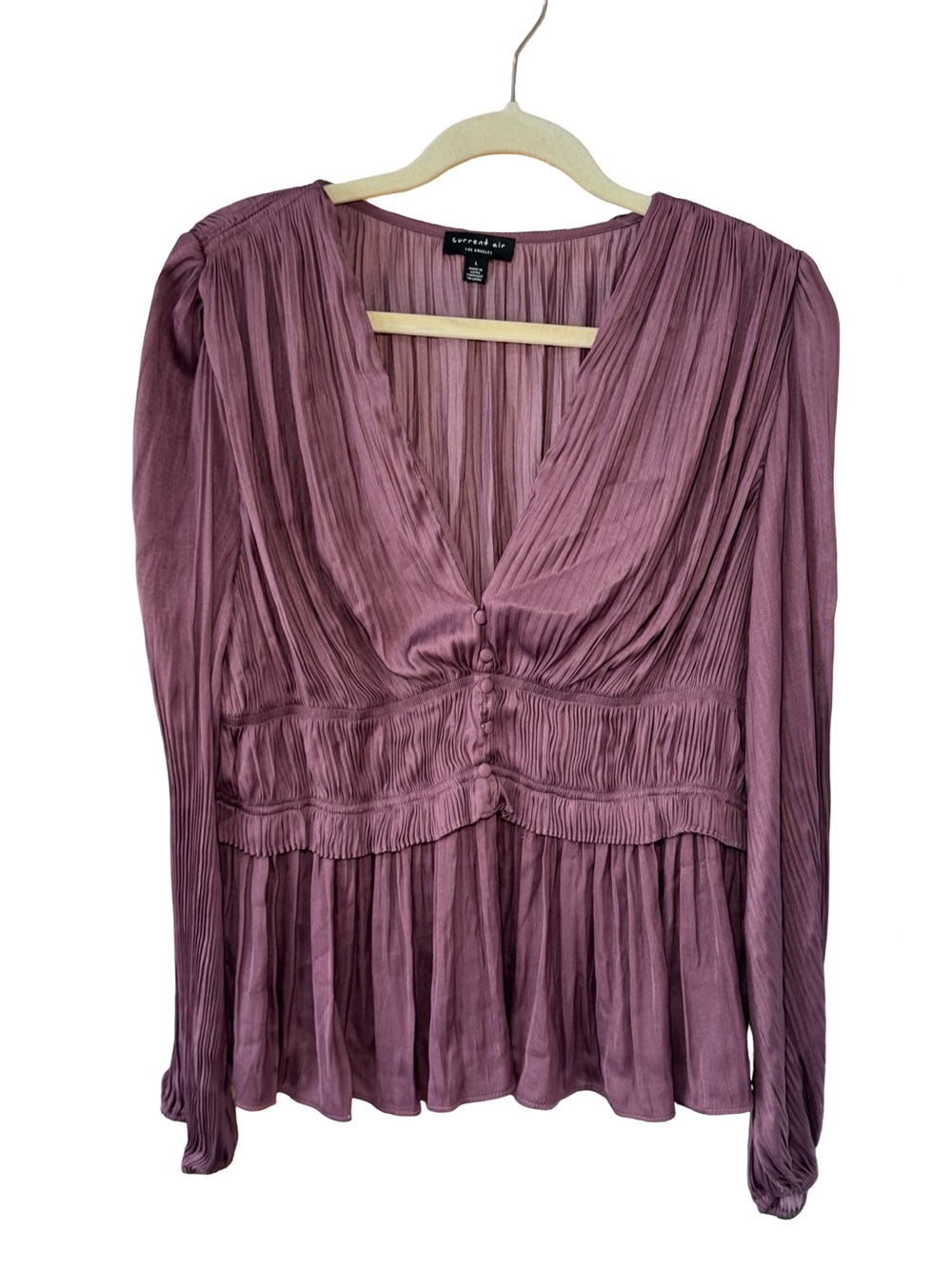 Current Air Pleated V-Neck Blouse in Plum
